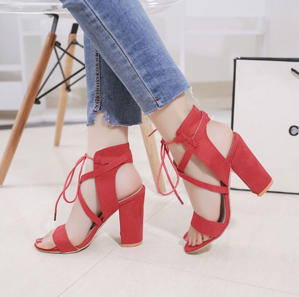 

explosion models europe and the united states high-heeled trade large size women's shoes hollow open toe thick with sandals roman women, Black