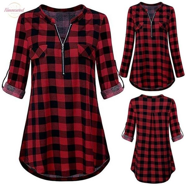 

feitong autumn womens zip plaid blouse ladies v neck long sleeve casual shirt blouses blusas mujer de moda 2020, White