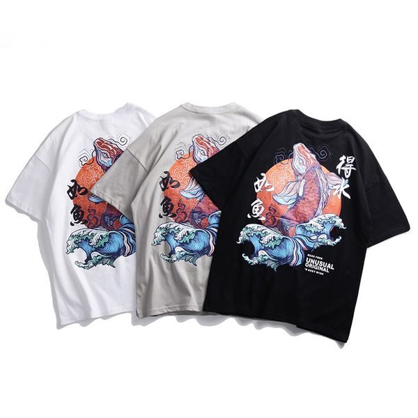 

Мужчины Хип-Хоп Футболка Уличная Ретро Китайский Иероглиф Футболка Кои Рыбы Печа