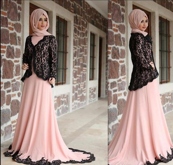 

light pink saudi arabic mother of the bride dresses with jacket black lace sweep train high collar long sleeves prom dresses party gowns, Black;red