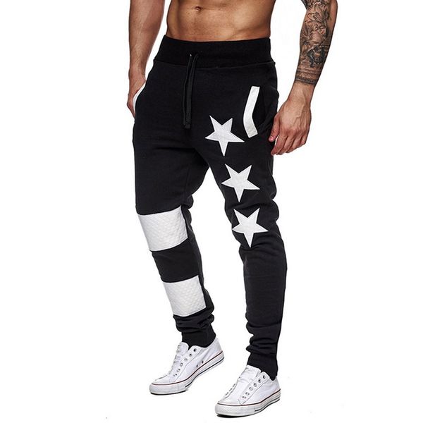 

2019 new men running pants star printed jogging male casual patchwork sports joggers football soccer gym trousers pencil legging, Black;blue