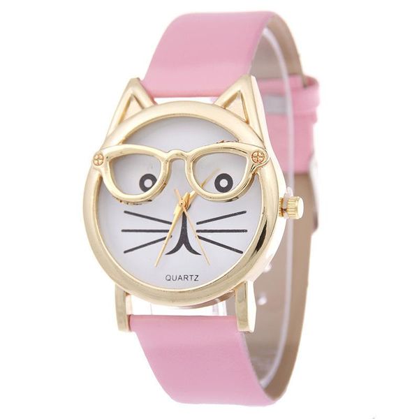 

cute cartoon children's quartz watch beard golden leather strap girl watch glasses cat face female student watch kids dyvbk, Blue