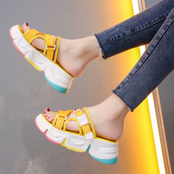 

rainbow sole casual platform slippers women open toe wedge sandals summer shoes outdoor fashion thick sole beach slippers 2020, Black