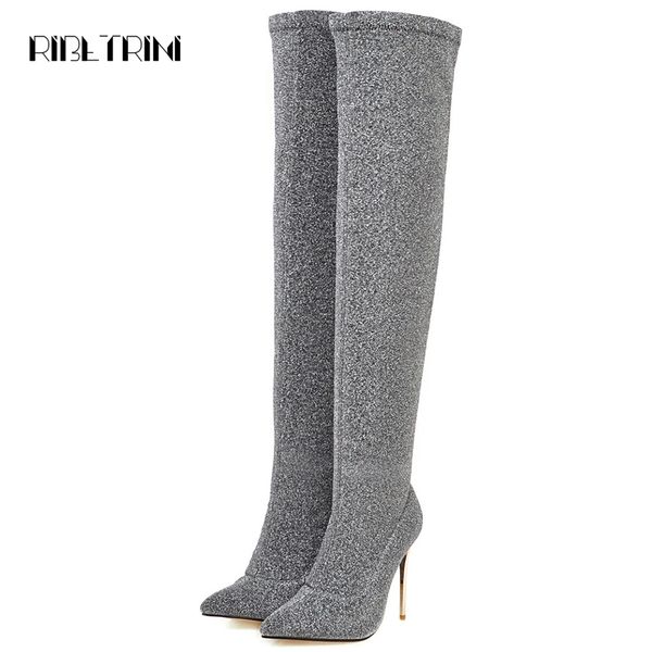 

ribetrini women over knee high boots thin high heels pointed toe shoes woman party wedding slim boots big size 34-48, Black