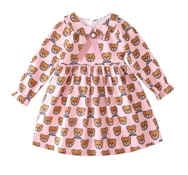 Early Autumn New Girl Long Sleeve impressão Vestido Baby Bear Crianças lapela Doll Dress Princess Dress WY352