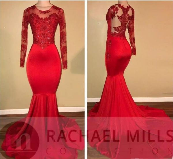 2018 Vintage Sheer ilusão Mangas Compridas Vestidos de Baile Vermelho Sereia Appliqued Lantejoulas Africano Preto Meninas Evening Gowns Red Carpet Dress