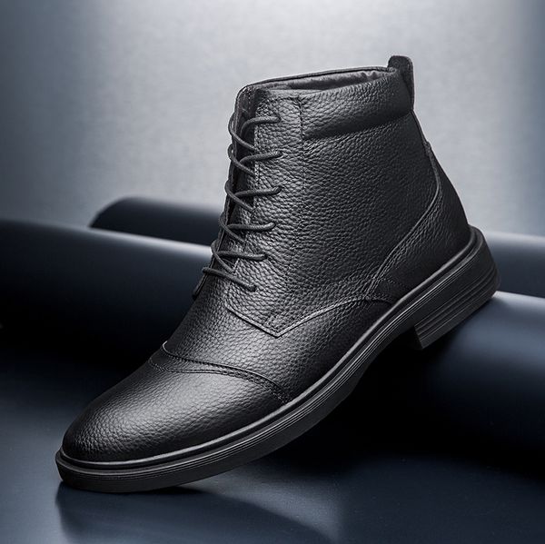 

men ankle boots winter high board shoes genuine leather men snow boots with fur keep warm flats big size 48, Black