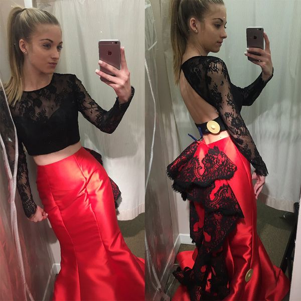

2019 two piece prom dresses red satin and black lace evening party formal gowns
