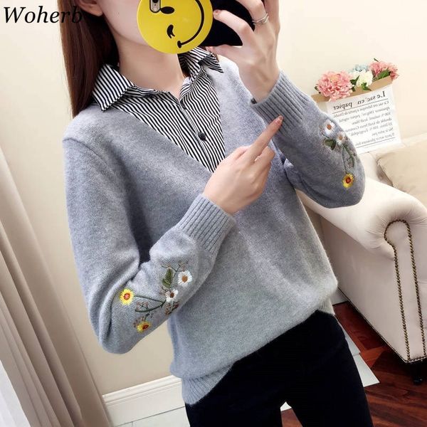 

woherb new fashion 2019 spring autumn fake 2 piece sweater women office lady pullover elegant flooral embroidery sweaters jumper, White;black