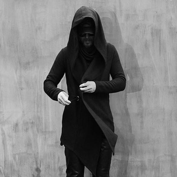 

new male clothing gothic men's cloak coat personality alternative asymmetry, men's self-cultivation hooded windbreaker singer, Tan;black
