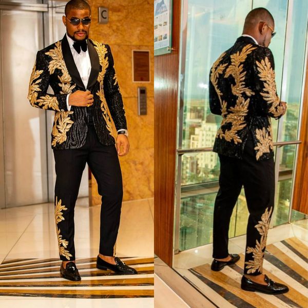 

black men suits with gold embroidery beaded two pieces shawl lapel designer wedding tuxedos gold mens jacket and pants, Black;gray
