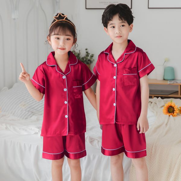 

3-14y baby summer children pajamas silk short sleeve sleepwear girls cute nightwear suit comfortable pajamas kids homewear set, Blue;red