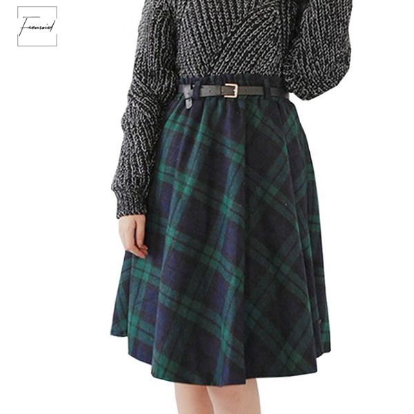 

2019 winter high waist wool plaid woolen school pleated midi womens england style a line skater tartan tutu saias s1736, Black