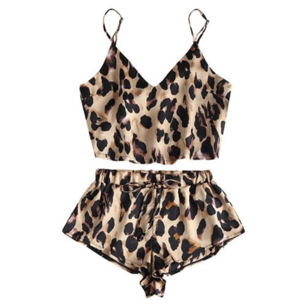 

women animal leopard print satin cami high cut shorts pajama set new, Black;red