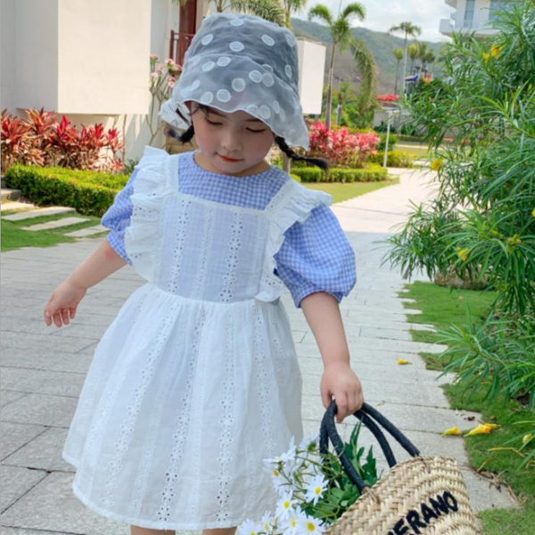 

baby girls dress+shirts two pieces sets 2020 summer children's lace hollow lace dress + fashion plaid shirts two-piece set, Red;yellow