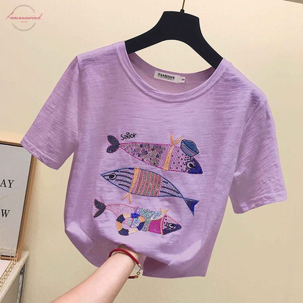

women summer casual t shirt embroidery sequin purple pink white tshirt cotton short sleeve fish clothes