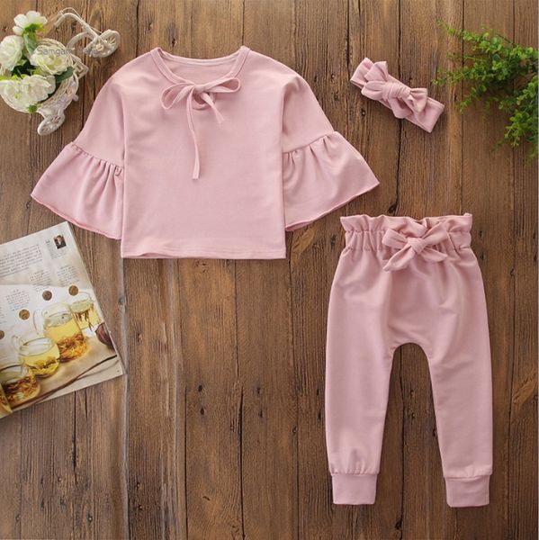 

baby girl clothes flare sleeve leggings pants headband 3pcs sets princess pink toddler girl outfits designer baby clothing bt4682, White