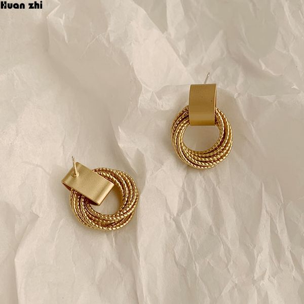 

huanzhi 2019 simple new gold metal multi-layer circle winding geometric round small stud earrings for women girl party jewelry, Golden;silver