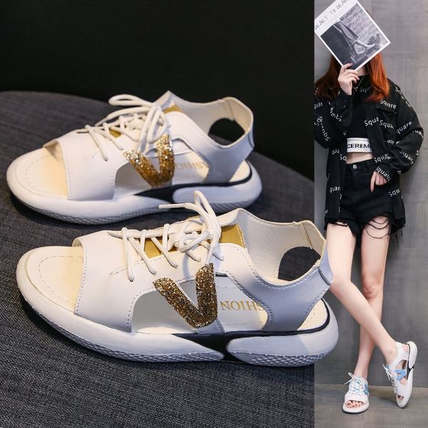 

2020 new casual sandals open toe hollow-out platform heel beach shoes wear all-match lace-up dad shoes roman, Black
