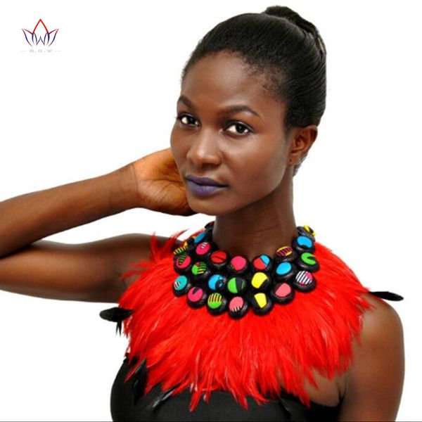 

2019 ankara african multi strand color button necklaces & feather decoration for women choker statement necklace for gift sp025, Red