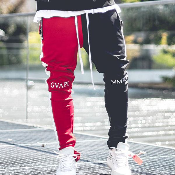 

2019 new men's gyms fashion sports pants men's cotton stitching stretch fitness pants outdoor casual trousers hip hop, Black