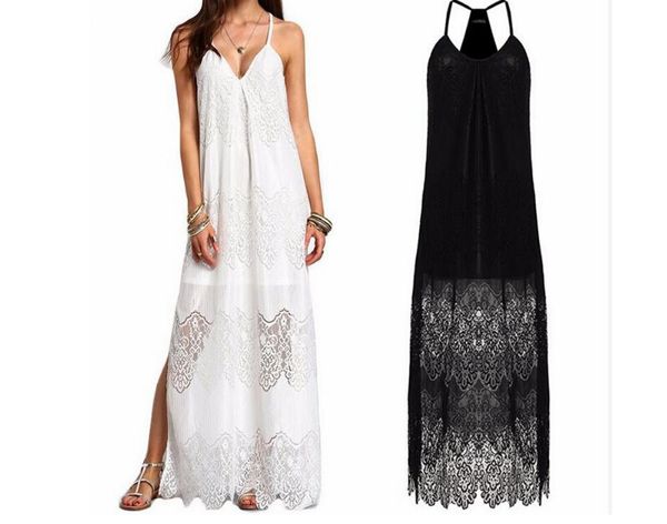 

women v-neck lace dress party elegant long white black dress sleeveless summer beach lace sundress, Black;gray