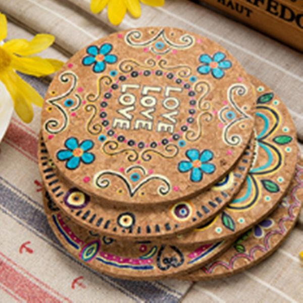

4pcs natural cork round cup mat coasters heat insulation table mat patterned pot holder mats for coffee table table(mixed