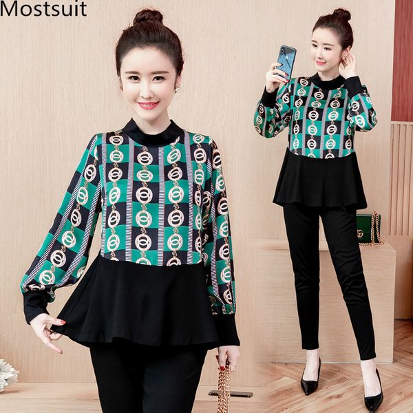 

plus size printed two piece sets women spring autumn long sleeve tunic blouses and pants sets suits office elegant women, White