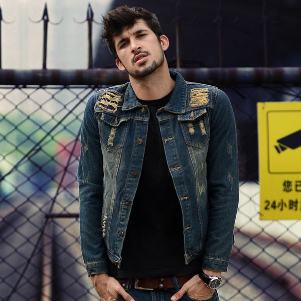 

новый сплошной цвет мужчины джинсовая куртка моды весна и простой осени мужская мытый slim fit retro blue hole джинсы куртка пальто, Black;brown