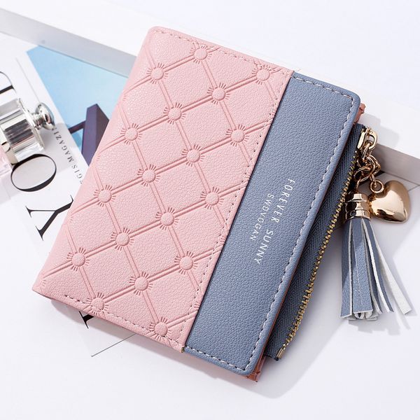 

fashion short ladies wallet fresh style heart zipper sequined female purse tassel panelled women wallet leather purse, Red;black
