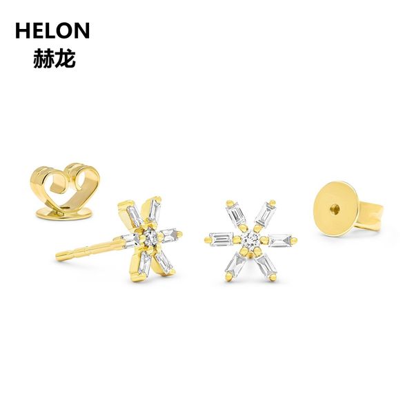

0.18ct diamonds baguette round stud earrings solid 14k yellow gold women snowflake earrings rose gold white optional, Golden;silver