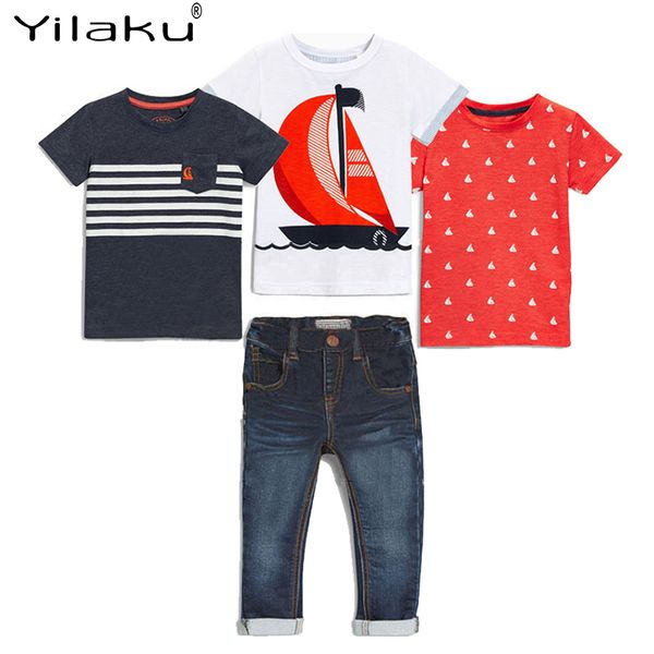 

yilaku kids clothes boys summer 3 t-shirts + jeans boys clothes sets sailboat print baby boy suit kids set yy095, White