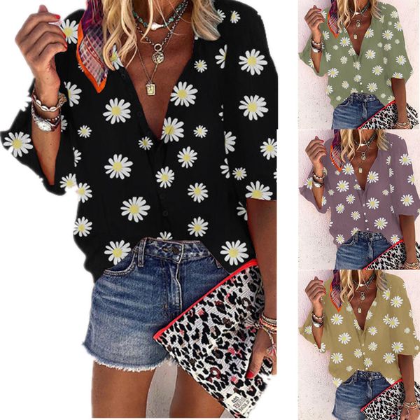 

summer daisy printed women blouse 2020 casual loose button lapel short sleeve shirts plus size s-5xl woman office black shirt, White