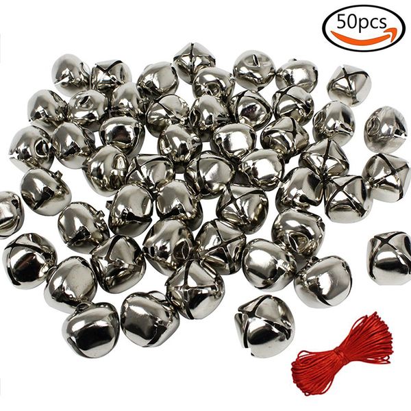 

cewor 1 inch christmas golden/silver jingle bells craft ( 50 pack ) for festival decoration & 20-meter red cord, christmas decor