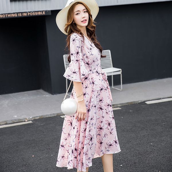 

summer elegant maternity clothes pregnant woman dress v-neck loose plus-sized half-sleeve floral-print chiffon dress fashion, White