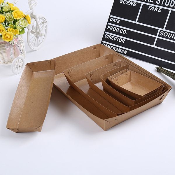 

50pcs paper food serving tray kraft disposable boat shape snack open box french fries chicken box for restaurant kitchen disposable flatwar