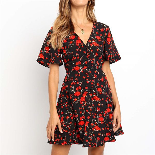 

summer beach dress women 2019 boho floral print casual mini dress v neck short sleeve elegant a line dresses vestido mujer, Black;gray