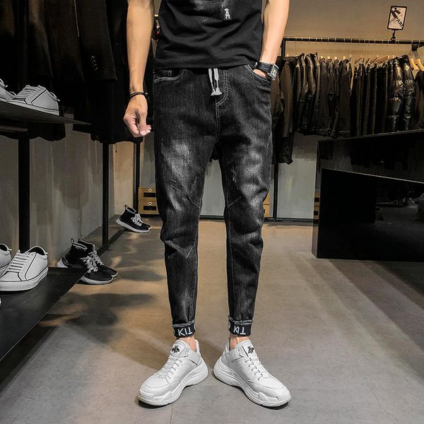 

autumn drawstring jeans men slim fashion washed solid color casual jeans man streetwear hip hop small feet denim pants male, Blue