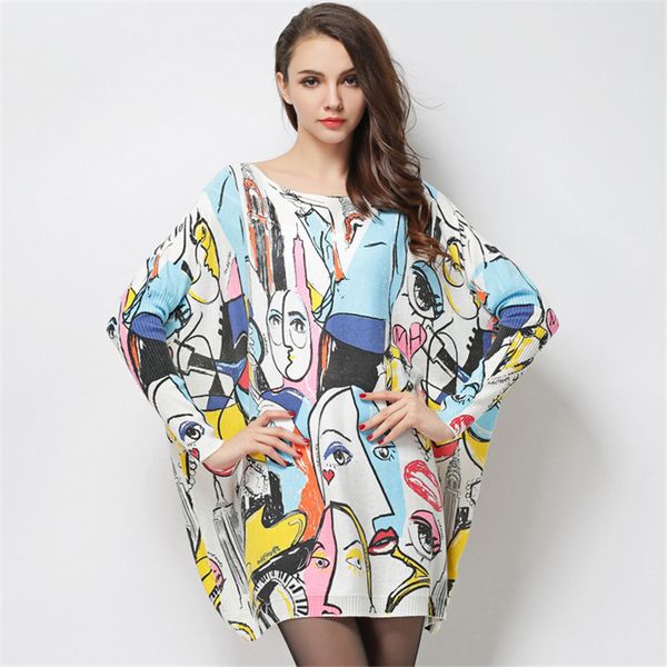 

2019 autumn winter season new women sweater graffiti print wool blend sweater fashion casual loose long-sleeved c257, White;black