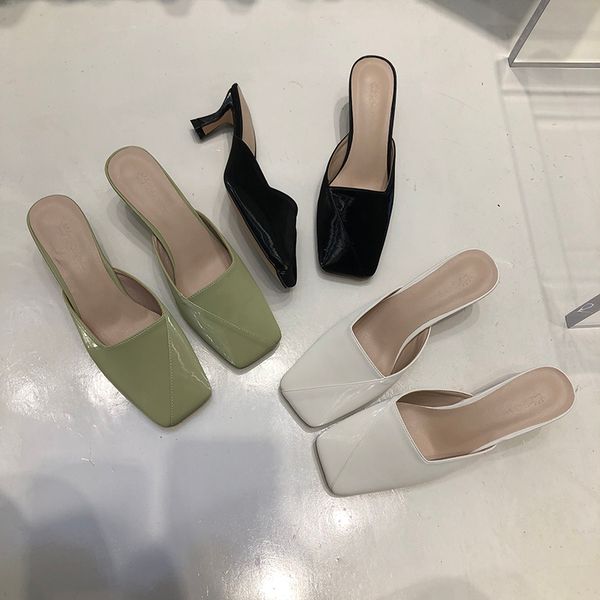 

women slippers square toe mules shoes woman ladies casual slides summer high heels flip flops black/white/green size 35-39