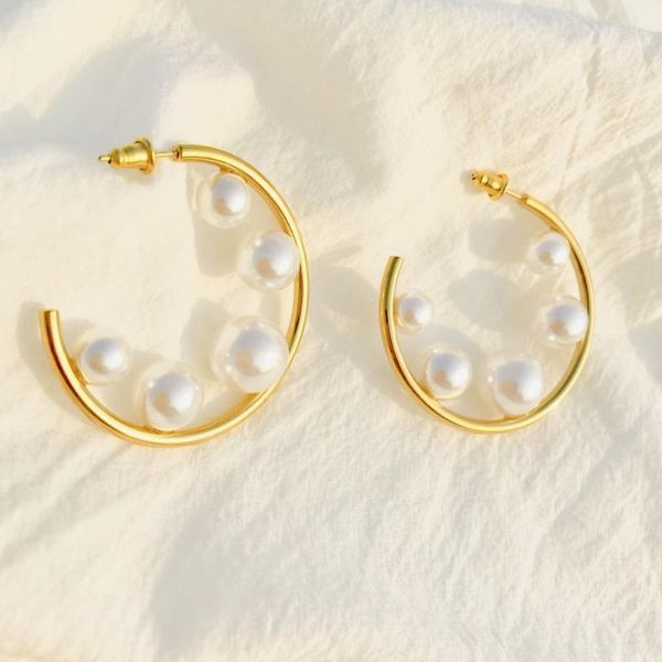 

spike simulated pearl hoop earrings gold color hoops circle earring for women stainless steel earings fashion wedding jewelry, Golden