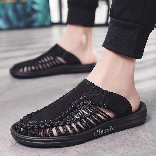 

slippers men summer flat 2020 man shoes breathable beach slippers leather backless loafers flip flops mens size 39-45, Black