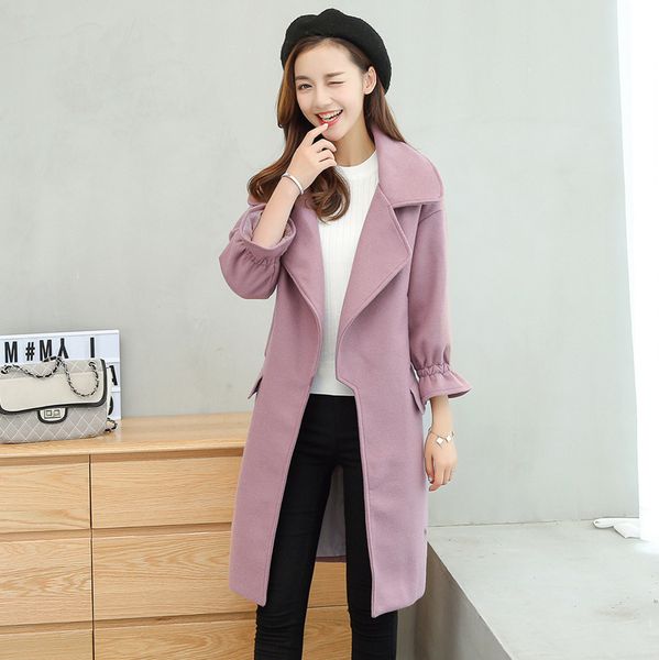 

new slim long winter fashion wool coats korean solid wool blend coat and jacket belt full sleeve coat femenino, Black
