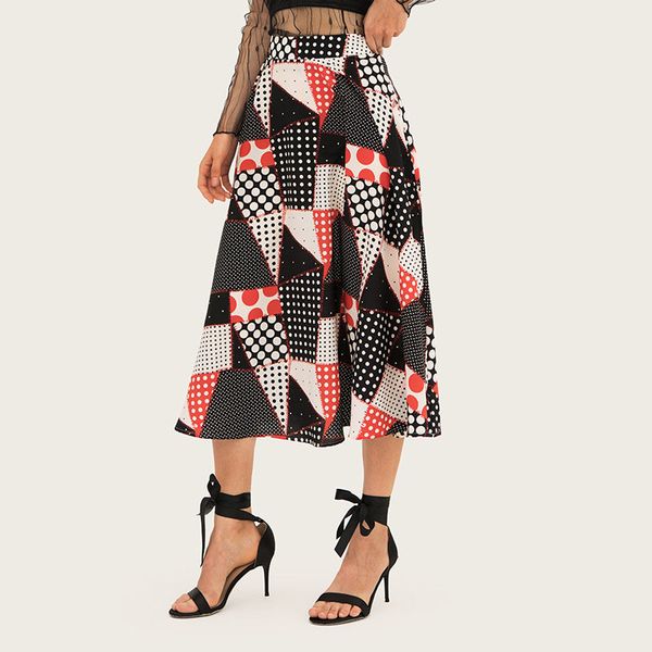 

women's plus size skirt bohemian print long skirt high waist a-line big swing beach geometric mid-calf skirts falda ml369, Black