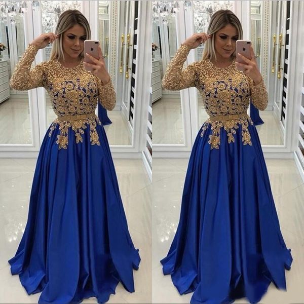 

vintage long sleeves prom dresses gold appliques beaded royal blue long evening gowns formal mother of the bride groom, Black