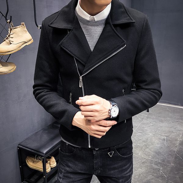 

myazhou 2019 new men's wool coat , fashion diagonal zipper men's short wool jacket , korean casual slim outer clothing, Black