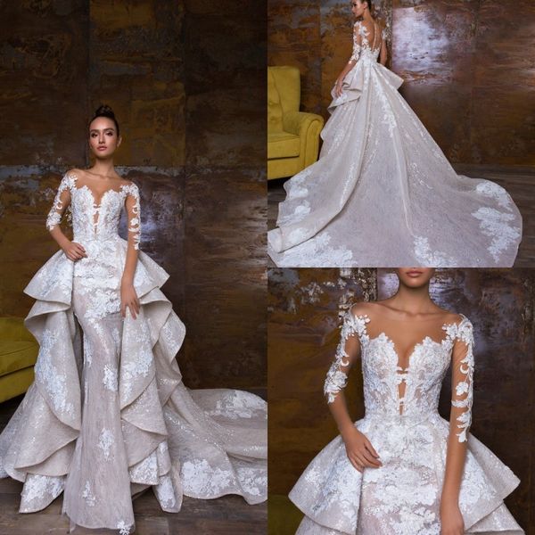 

2019 crystal design mermaid wedding dresses with detachable train sequins lace luxury wedding dress appliqued country bridal gowns, White