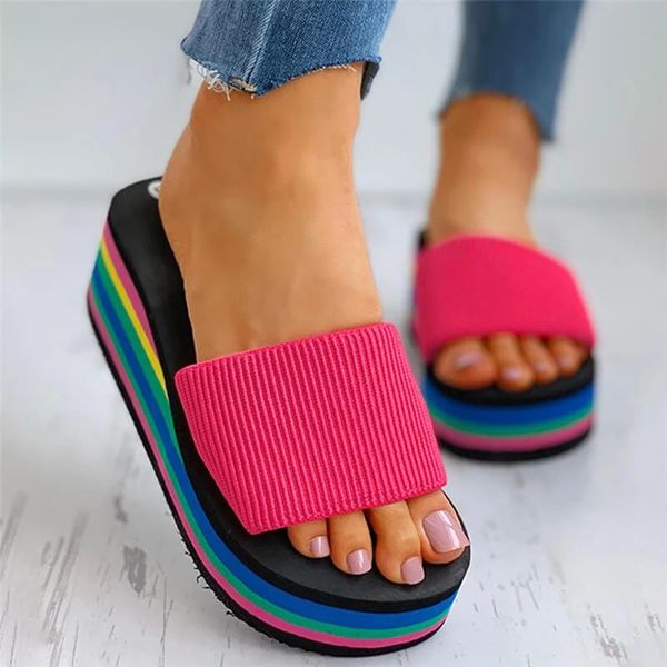 

women slippers summer beach wedge heel slippers blue slip on open toe women outdoor sandals shoes woman 2020, Black