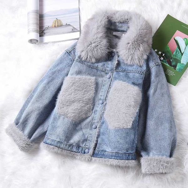 

women's down & parkas winter lamb coat warm denim jacket for women vintage long sleeve thicken large fur loose parka plus size, Black