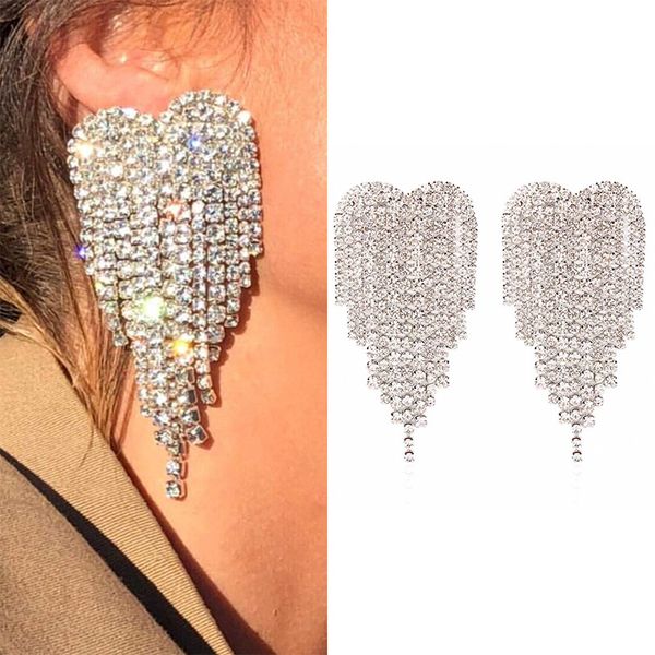

big wedding drop earrings for bride shiny love rhinestone tassel earrings female fashion women party wedding jewelry wholesale, Silver